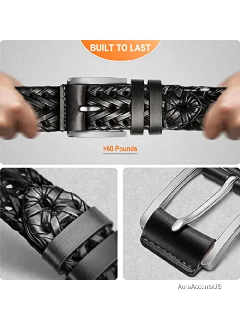 Men's Leather Woven Braided Belt - Holeless Adjustable, Lightweight, Gift Boxed